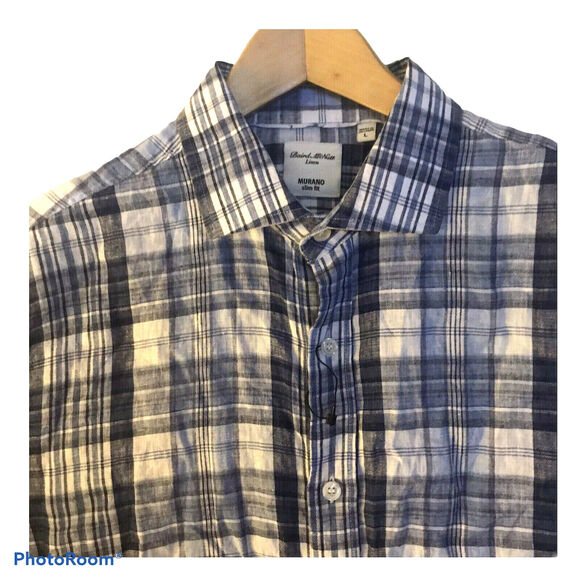 Murano Other - Murano Shirt Baird McNutt 100% Linen Mens Size Large Slim Long Sleeve Blue Plaid